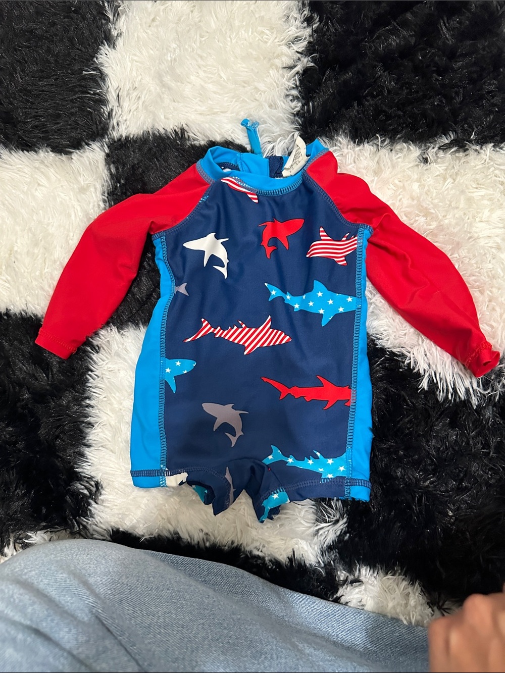 Kids Navy, Red & Aqua Shark One-Piece Rash Guard Swim Suit